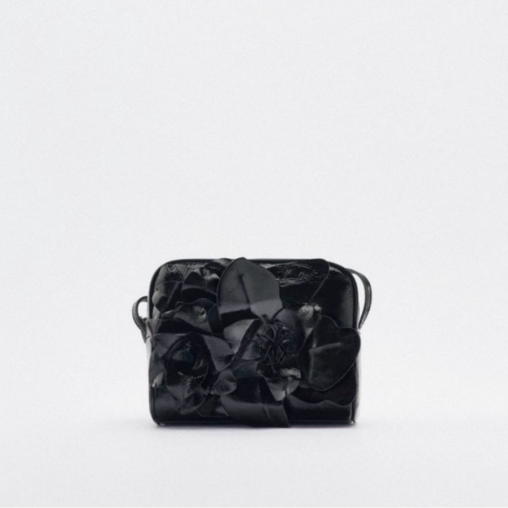 Zara Black Flower Black Patent Leather Crossbody Bag